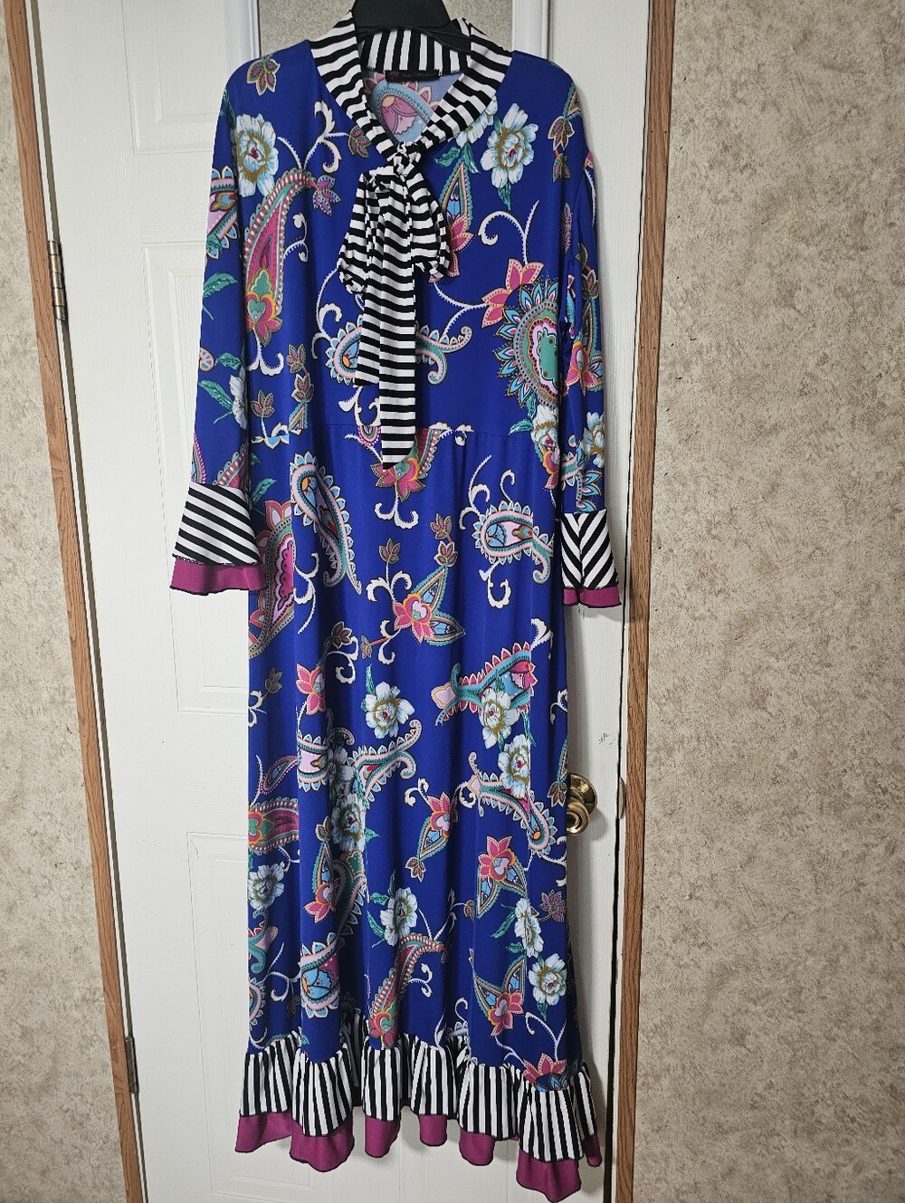Custom Made Blue Floral Paisley Tie-Neck Maxi Dress with Striped Trim